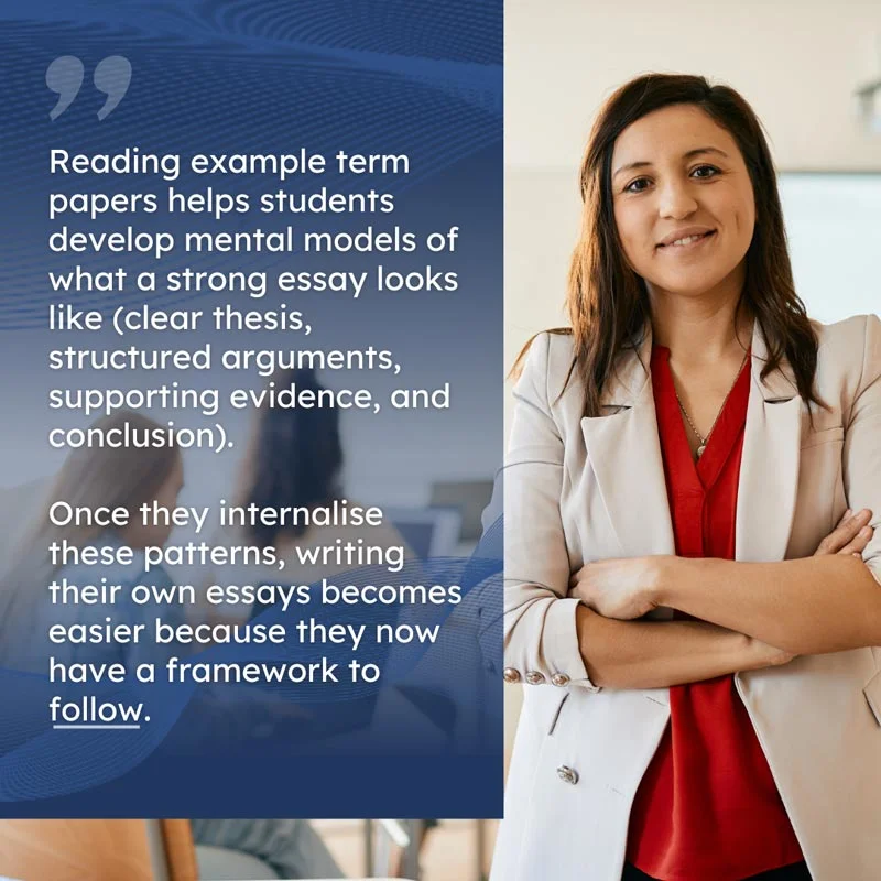 Reading example essays helps students develop mental models of what a strong essay looks like — clear thesis, structured arguments, supporting evidence, and conclusion. Once they internalise these patterns, writing their own essays becomes easier because they now have a framework to follow.